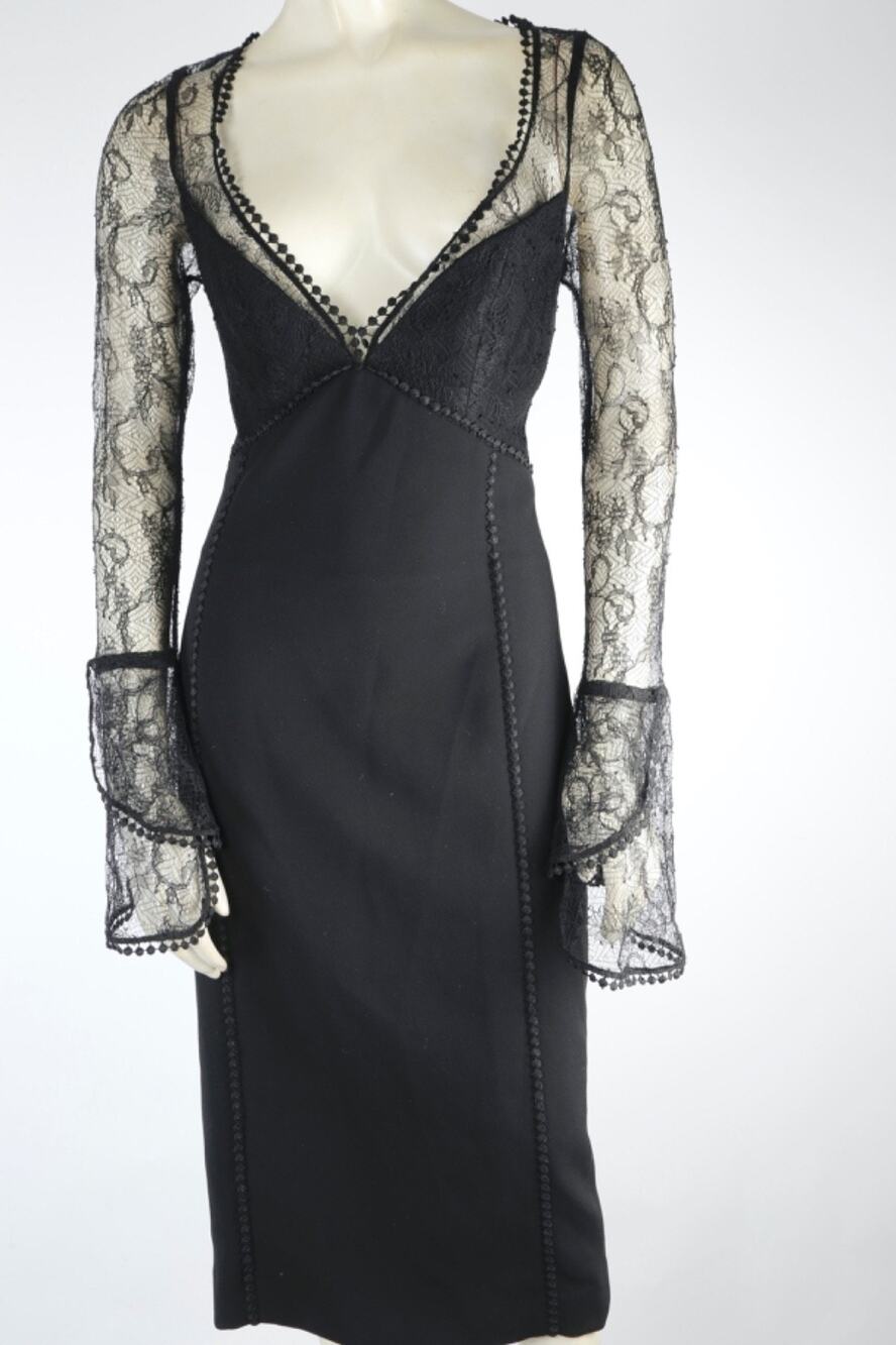 Nicholas Black Botanical Lace Midi Dress 4 Sheer Long Bell Sleeve Trim Cocktail